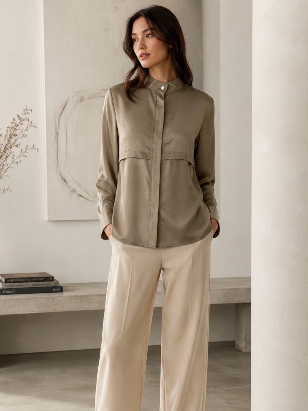 Vince 100% Silk Olive Green Collarless Button-Up Long-Sleeve Blouse Size Small